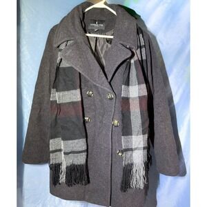 London Fog Women Gray Charcoal Wool Blend Coat w/ Red Plaid Scarf Size XL Jacket